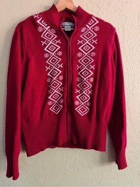 Nine & Co. Red Zip-Up Cardigan with White Geometric Knit